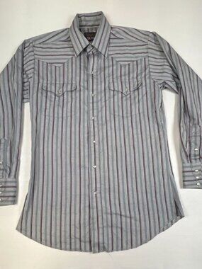 Panhandle Slim Men 15.5x34 Vintage Blue Burgundy Striped Long Sleeve Pearl Snap